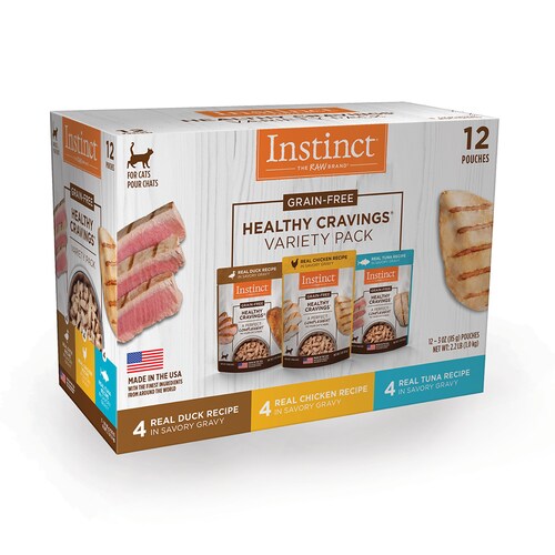 Instinct Alimento Húmedo Healthy Cravings para Gatos, recetas variadas y libre de granos, Mix 12 pzs, sobres de 85 gramos c/u..
