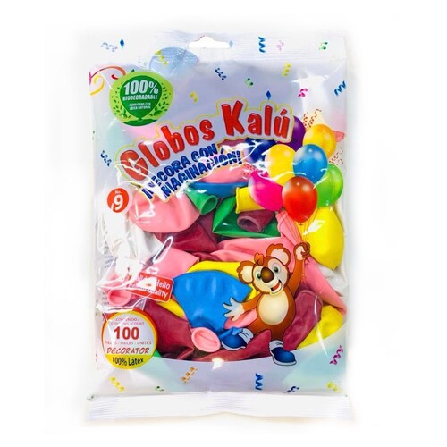 Globos Kalú 9",colores surtidos, calidad Helio, 100 pzas.