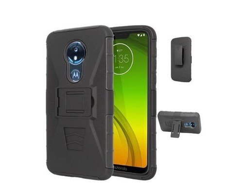 Funda Protector Uso Rudo con Clip más Mica de Cristal Gratis para Motorola G6 Play Color Negro