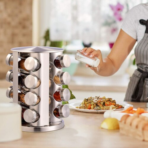 Organizador Especiero De Acero Inoxidable Con 16 Frascos de Vidrio .