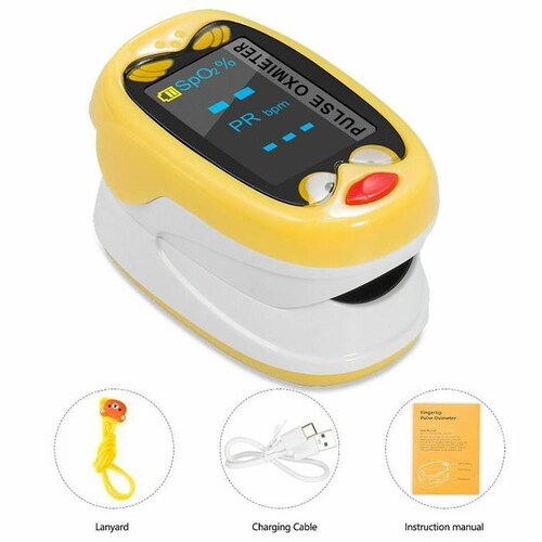 Oxímetro Infantil MXOKP-001-21 1Pza Amarillo Rango de Medición 70porciento -99porciento Spo2 30 a 240BPM mas menos 2BPM o mas menos 2porciento PR, OxiKid Pro