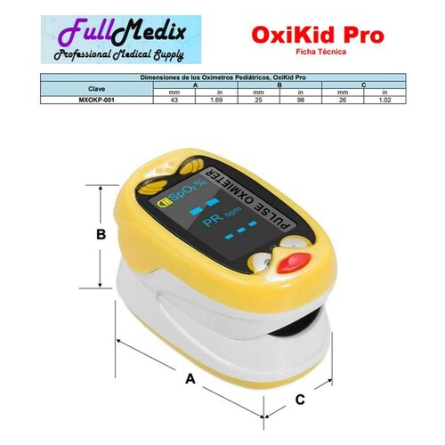 Oxímetro Infantil MXOKP-001-21 1Pza Amarillo Rango de Medición 70porciento -99porciento Spo2 30 a 240BPM mas menos 2BPM o mas menos 2porciento PR, OxiKid Pro