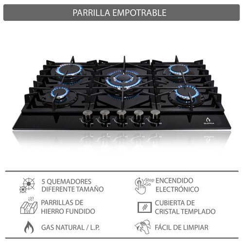 Parrilla Empotrable A Gas Supra SENZA  76cm De Cristal 5 Quemadores