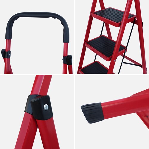 AGBOX Escalera 3 Peldaños Plegable Antiderrapante Roja AG-ESCA01R.