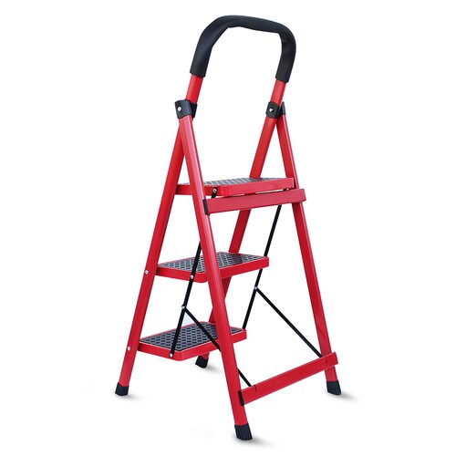 AGBOX Escalera 3 Peldaños Plegable Antiderrapante Roja AG-ESCA01R.