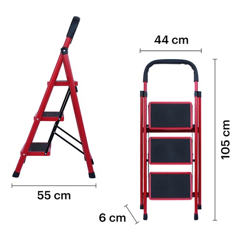 AGBOX Escalera 3 Peldaños Plegable Antiderrapante Roja AG-ESCA01R.