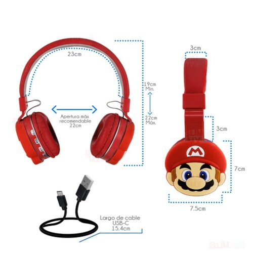 Audífonos Inalámbricos Genérico Mario Bros Wireless Color Rojo.