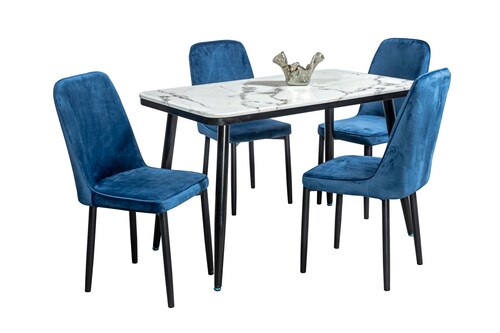 Comedor Max Azul 4 Sillas Rectangular Tubular y Cristal Marmoleado.