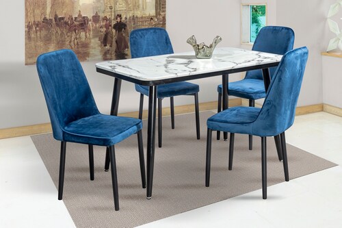 Comedor Max Azul 4 Sillas Rectangular Tubular y Cristal Marmoleado.