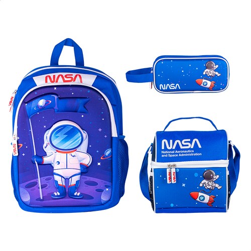 TechZone Kit Mochila Escolar Astronauta con Lonchera bolsa para almuerzo y Lapicera de Doble Compartimento Edición NASA.