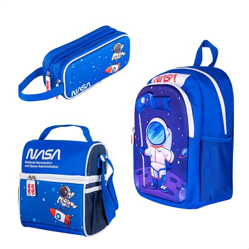 TechZone Kit Mochila Escolar Astronauta con Lonchera bolsa para almuerzo y Lapicera de Doble Compartimento Edición NASA.