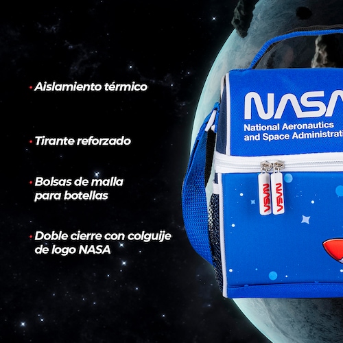 TechZone Kit Mochila Escolar Astronauta con Lonchera bolsa para almuerzo y Lapicera de Doble Compartimento Edición NASA.