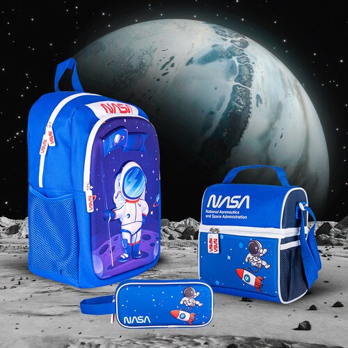 TechZone Kit Mochila Escolar Astronauta con Lonchera bolsa para almuerzo y Lapicera de Doble Compartimento Edición NASA.