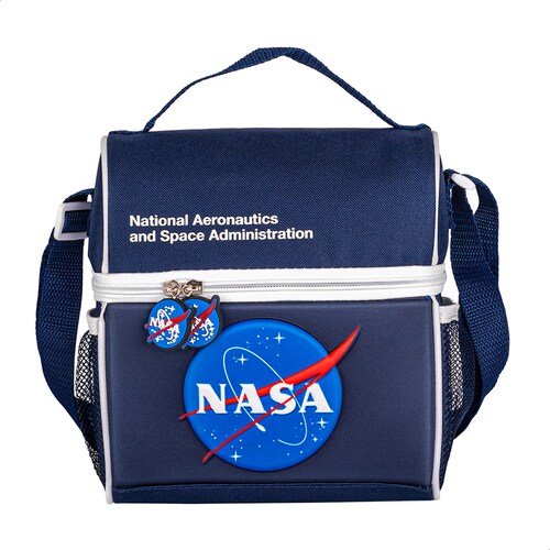 TechZone Lonchera Escolar con Logo Oficial de NASA, Forro Térmico interno, Dos bolsos laterales de malla para botellas y cinta reforzada