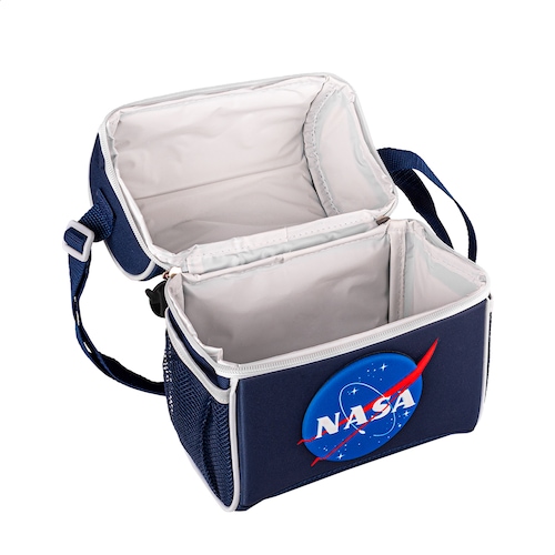 TechZone Lonchera Escolar con Logo Oficial de NASA, Forro Térmico interno, Dos bolsos laterales de malla para botellas y cinta reforzada