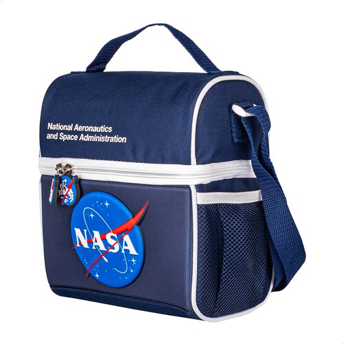 TechZone Lonchera Escolar con Logo Oficial de NASA, Forro Térmico interno, Dos bolsos laterales de malla para botellas y cinta reforzada