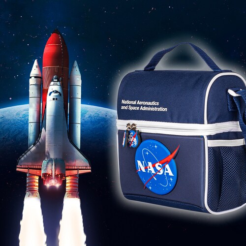 TechZone Lonchera Escolar con Logo Oficial de NASA, Forro Térmico interno, Dos bolsos laterales de malla para botellas y cinta reforzada