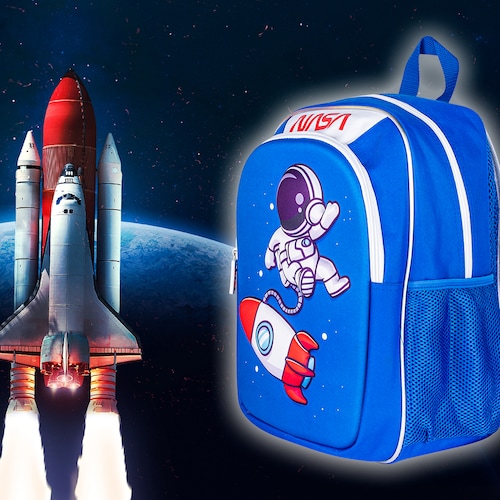 TechZone Mochila Escolar NASA con Astronauta 3D, 2 Amplios compartimentos y bolsas laterales de malla.