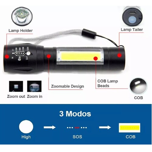 Kit Lampara Tactica Recargable Led 2000l Linterna Lateral 4pcs