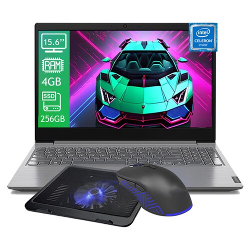 Laptop Lenovo V15 IGL Intel Celeron N4020 Ram 4GB - Disco SSD 256GB Pantalla 15.6'' Windows 10 - Gris + Base Enfriadora + Mouse