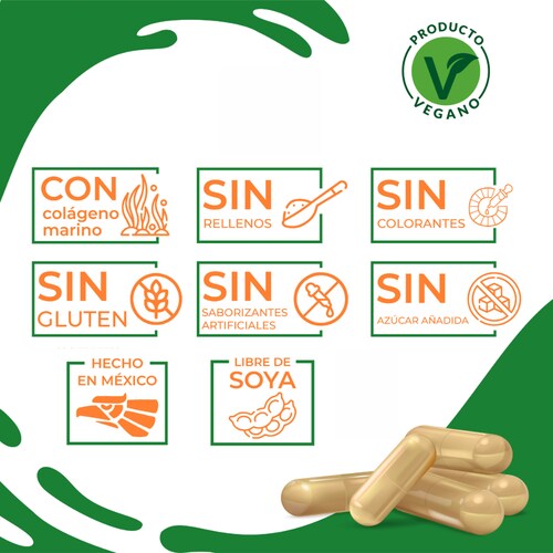 Nutrasien100 Nutrabio. Colágeno marino con Ácido Hialurónico, Biotina y Ácido fólico. Suplemento ideal para crecimiento de cabello y uñas. 30 Caps/30 días.