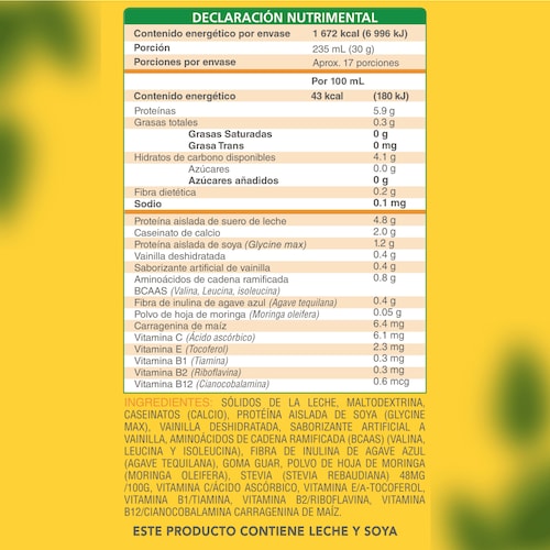 Polvo para preparar Malteada de proteína sabor Vainilla. Sin grasa Sin azúcar 15 g proteína por porción. Fácil y rápida preparación. 500g 17 porciones.