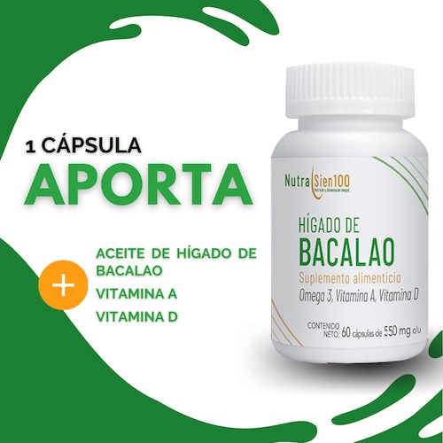 Nutrasien100 Aceite de Hígado de Bacalao en cápsulas con Vitamina A y D3 Suplemento 60 caps / 60 días