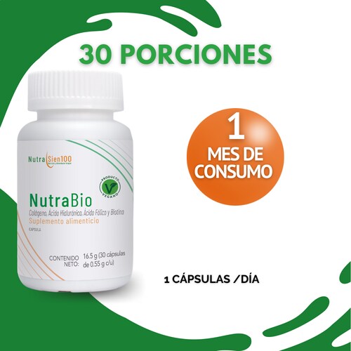Nutrasien100 Nutrabio. Colágeno marino con Ácido Hialurónico, Biotina y Ácido fólico. Suplemento ideal para crecimiento de cabello y uñas. 30 Caps/30 días.