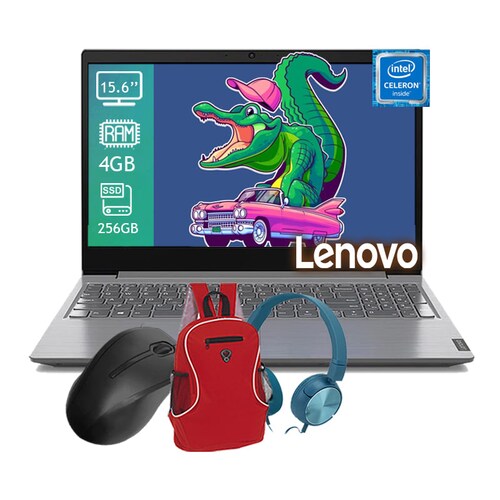 Laptop Lenovo V15 IGL Intel Celeron N4020 Ram 4GB - Disco SSD 256GB Pantalla 15.6'' Windows 10 - Gris + Mochila + Mouse + Audifono