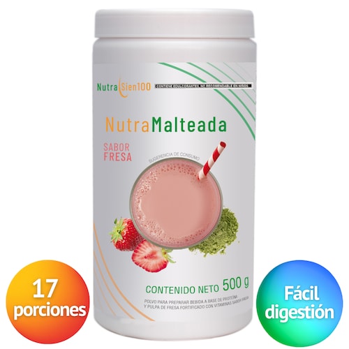 Polvo para preparar Malteada de proteína sabor Fresa. Sin grasa Sin azúcar 15 g proteína por porción. Fácil y rápida preparación. 500g 17 porciones.