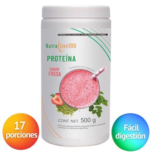 Nutrasien100 Proteína en polvo sabor Fresa 22 g proteína por porción Keto Pre workout Sin Azúcar 500g -17 porciones