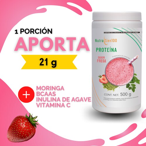 Nutrasien100 Proteína en polvo sabor Fresa 22 g proteína por porción Keto Pre workout Sin Azúcar 500g -17 porciones