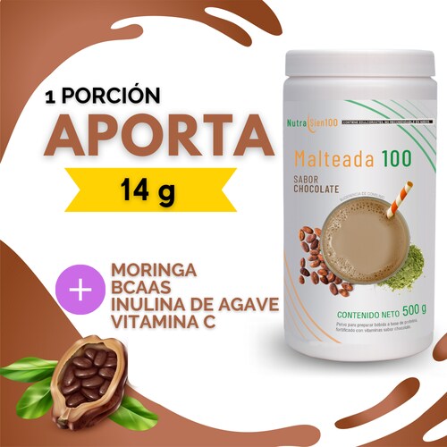 Polvo para preparar Malteada de proteína sabor Chocolate. Sin grasa Sin azúcar 15 g proteína por porción. Fácil y rápida preparación. 500g 17 porciones.