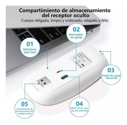 Ratón Inalámbrico 2.4g Bluetooth Recargable Portátil Mouse rosa
