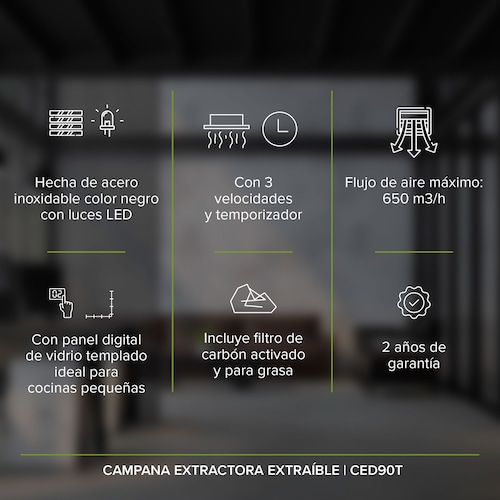 Campana Extractora Deslizable 90 CM Oculta Avera CED90T 