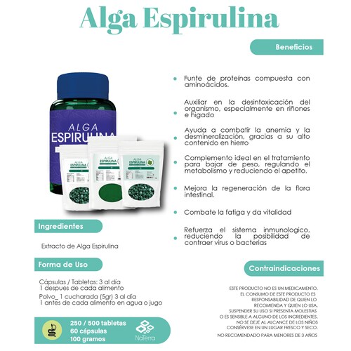 Alga Espirulina NaTerra 500 Tabletas