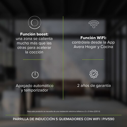 Parrilla Inducción 5 Zonas 90 CM Vidrio Tem WiFi Avera PIV590