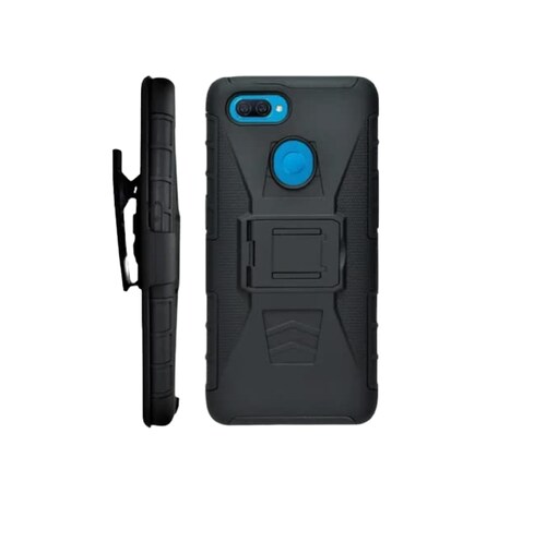 Funda Protector Uso Rudo con Clip más Mica de Cristal Gratis para OPPO A12 Color Negro.