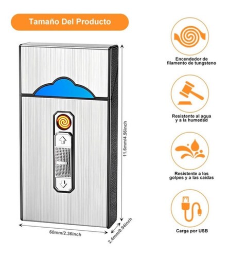 Cigarrera Con Encendedor Electrónico Usb Arco 2 Es 1 color PLATA