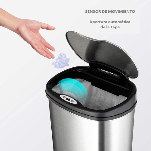 Bote de Basura con Sensor Automático, Grande 50 L. Acero Inoxidable. Cocina u Oficina Sin Contacto