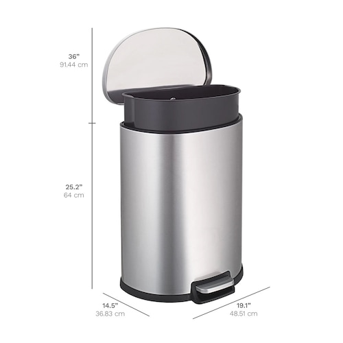 Bote de Basura Grande para Cocina, Baño, Oficina. 50 Litros, Acero Inoxidable. con Cubo Interior, Tapa y Pedal. Semicircular..