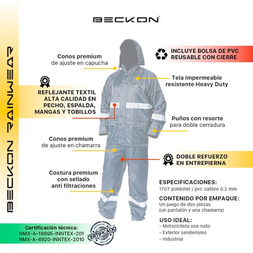 Impermeable para lluvia Senderismo Montaña Uso Rudo + Reflejantes Beckon