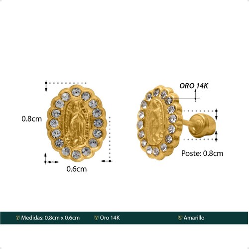 Aretes Broqueles Virgen Guadalupe  VAROURO Oro 14k Zirconia + Estuche