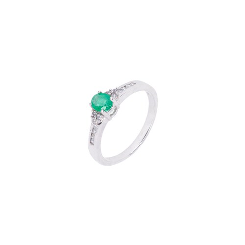 Anillo Diamantes con Esmeralda Oro blanco 14 Kilates 45 Puntos..