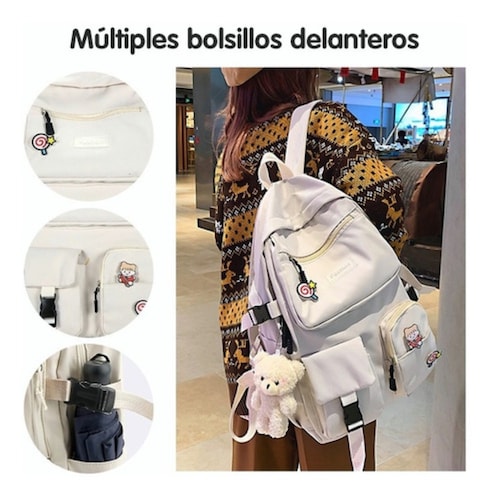 Mochila Escolar Kawaii De Moda, Gran Capacidad, Multi-bolsillo BLANCO
