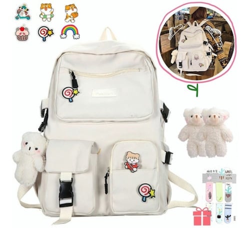 Mochila Escolar Kawaii De Moda, Gran Capacidad, Multi-bolsillo BLANCO