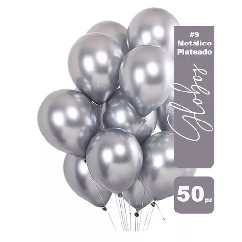 Globos Payaso 9", Plata Metálico, calidad Helio, 50 pzas.