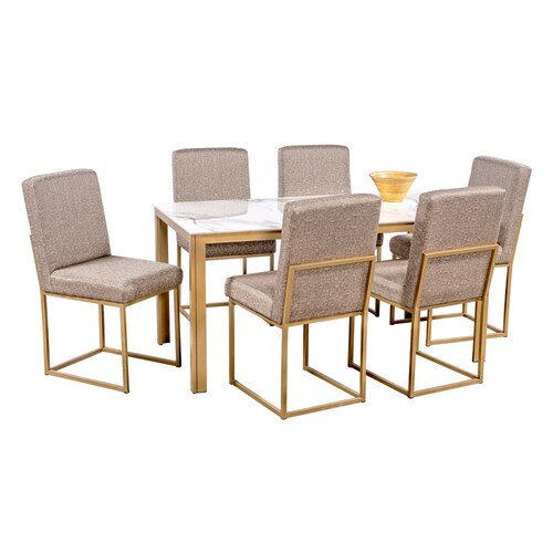 Comedor Soria Golden 6 Sillas Tubular Cubierta Porcelanato Mármol