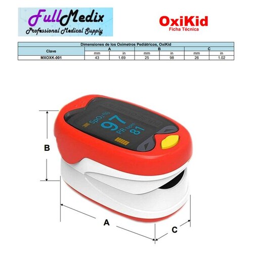 Oxímetro para bebes MXOXK-001-25 1Pza Rojo Rango de Medición 70porciento -99porciento Spo2 30 240BPM mas menos 2BPM o mas menos 2porciento PR, OxiKid