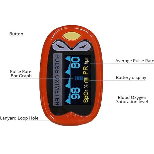Oxímetro para bebes MXOXK-001-25 1Pza Rojo Rango de Medición 70porciento -99porciento Spo2 30 240BPM mas menos 2BPM o mas menos 2porciento PR, OxiKid